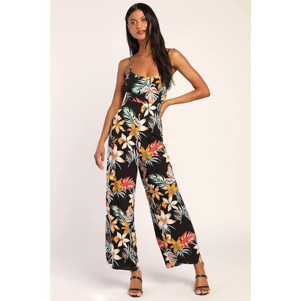 Lulus Barbados Bound Black Tropical Print Tie-back Jumpsuit - Size M